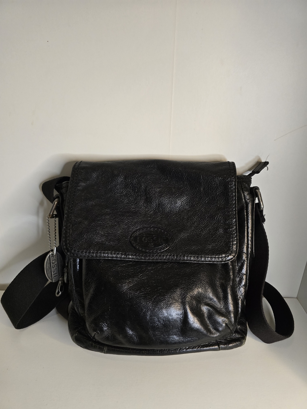 Fossil Black Leather Crossbody Messenger Bag